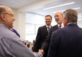 Sen. Jim Brewster hosted Gov. Tom Wolf and local officials today at Twin Rivers Elementary School in McKeesport to discuss updates to Pennsylvania’s old charter school law.