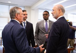 Sen. Jim Brewster hosted Gov. Tom Wolf and local officials today at Twin Rivers Elementary School in McKeesport to discuss updates to Pennsylvania’s old charter school law.