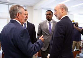 Sen. Jim Brewster hosted Gov. Tom Wolf and local officials today at Twin Rivers Elementary School in McKeesport to discuss updates to Pennsylvania’s old charter school law.