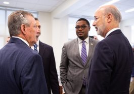 Sen. Jim Brewster hosted Gov. Tom Wolf and local officials today at Twin Rivers Elementary School in McKeesport to discuss updates to Pennsylvania’s old charter school law.