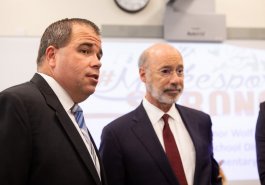 Sen. Jim Brewster hosted Gov. Tom Wolf and local officials today at Twin Rivers Elementary School in McKeesport to discuss updates to Pennsylvania’s old charter school law.