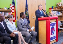 Sen. Jim Brewster hosted Gov. Tom Wolf and local officials today at Twin Rivers Elementary School in McKeesport to discuss updates to Pennsylvania’s old charter school law.