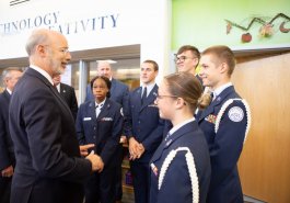 Sen. Jim Brewster hosted Gov. Tom Wolf and local officials today at Twin Rivers Elementary School in McKeesport to discuss updates to Pennsylvania’s old charter school law.