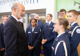 Sen. Jim Brewster hosted Gov. Tom Wolf and local officials today at Twin Rivers Elementary School in McKeesport to discuss updates to Pennsylvania’s old charter school law.