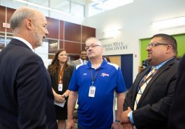 Sen. Jim Brewster hosted Gov. Tom Wolf and local officials today at Twin Rivers Elementary School in McKeesport to discuss updates to Pennsylvania’s old charter school law.