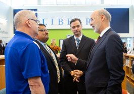 Sen. Jim Brewster hosted Gov. Tom Wolf and local officials today at Twin Rivers Elementary School in McKeesport to discuss updates to Pennsylvania’s old charter school law.