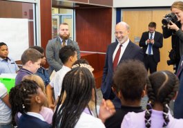 Sen. Jim Brewster hosted Gov. Tom Wolf and local officials today at Twin Rivers Elementary School in McKeesport to discuss updates to Pennsylvania’s old charter school law.