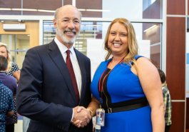 Sen. Jim Brewster hosted Gov. Tom Wolf and local officials today at Twin Rivers Elementary School in McKeesport to discuss updates to Pennsylvania’s old charter school law.