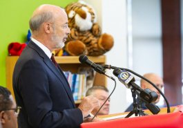 Sen. Jim Brewster hosted Gov. Tom Wolf and local officials today at Twin Rivers Elementary School in McKeesport to discuss updates to Pennsylvania’s old charter school law.