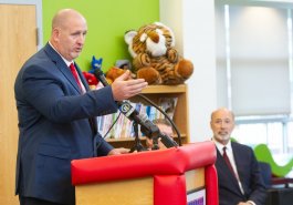 Sen. Jim Brewster hosted Gov. Tom Wolf and local officials today at Twin Rivers Elementary School in McKeesport to discuss updates to Pennsylvania’s old charter school law.