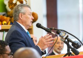 Sen. Jim Brewster hosted Gov. Tom Wolf and local officials today at Twin Rivers Elementary School in McKeesport to discuss updates to Pennsylvania’s old charter school law.