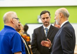 Sen. Jim Brewster hosted Gov. Tom Wolf and local officials today at Twin Rivers Elementary School in McKeesport to discuss updates to Pennsylvania’s old charter school law.