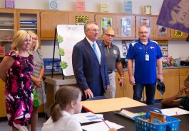 Sen. Jim Brewster hosted Gov. Tom Wolf and local officials today at Twin Rivers Elementary School in McKeesport to discuss updates to Pennsylvania’s old charter school law.